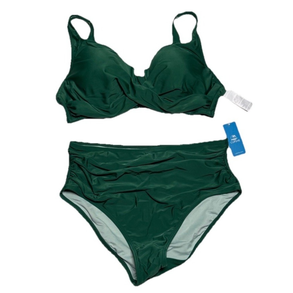 CUPSHE Twist front Cutout Bikini Top & High-Waisted Bottoms Set Green Large NWT